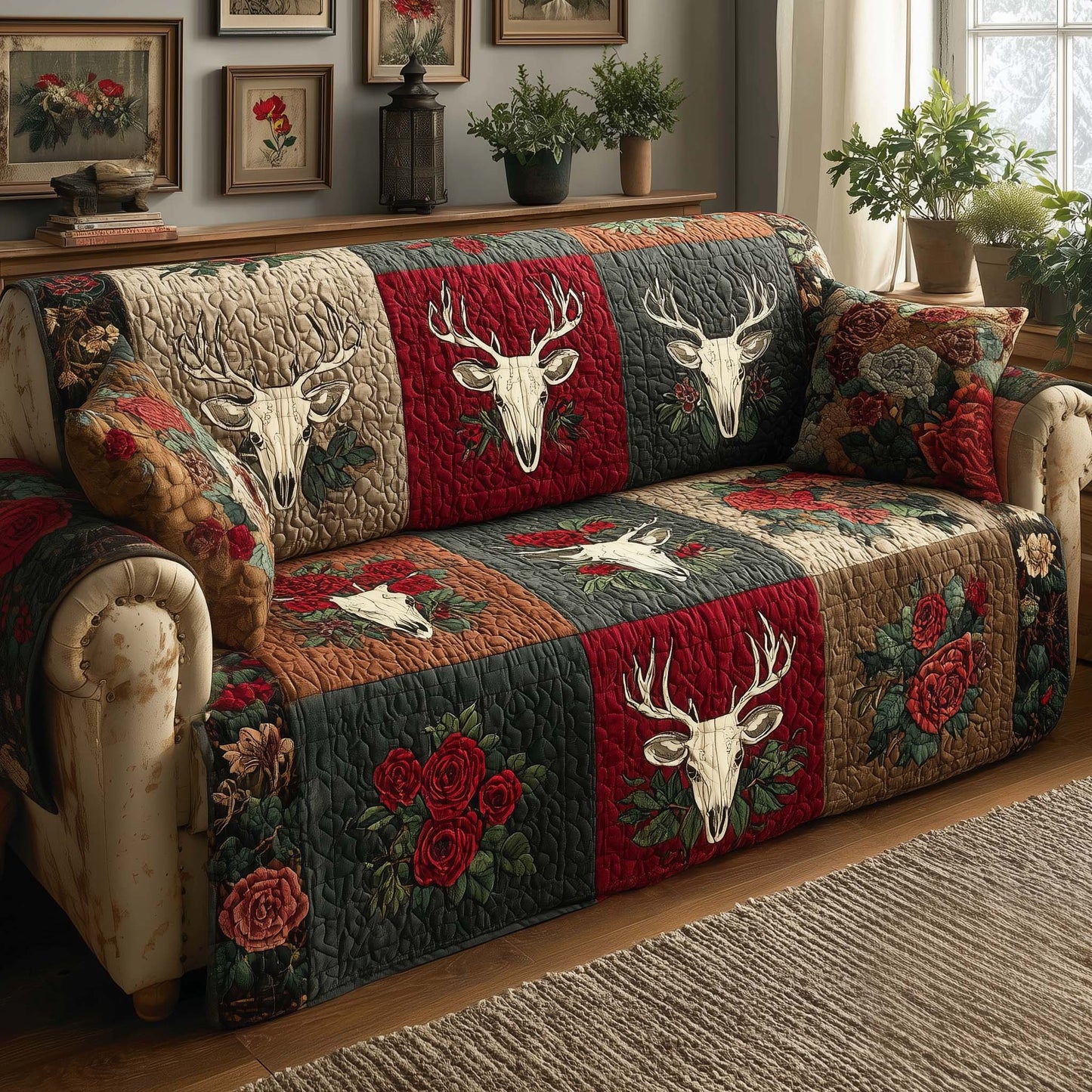 Crimson Antlers Quilted Sofa Cover GFTOQM1772