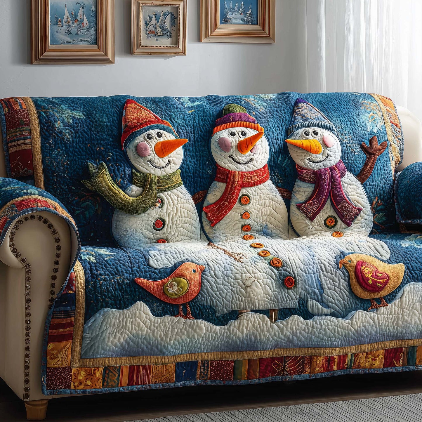 Trio Snowmen Quilted Sofa Cover GFTOQM204