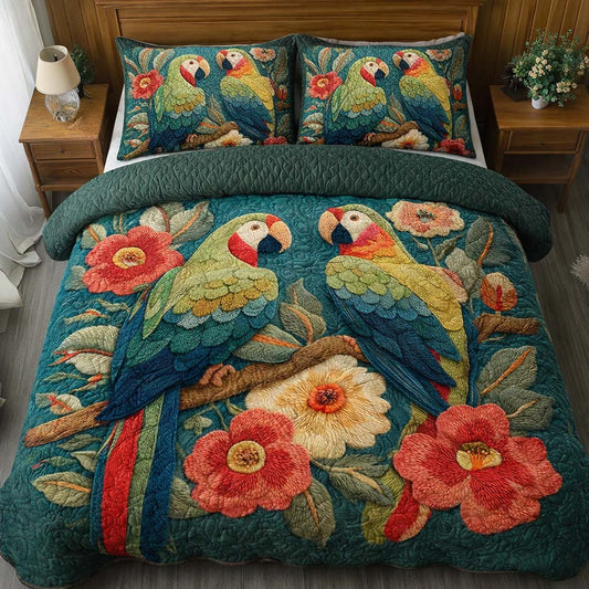 Floral Parrots 3-Piece Quilted Bedding Set GFTOQM2114