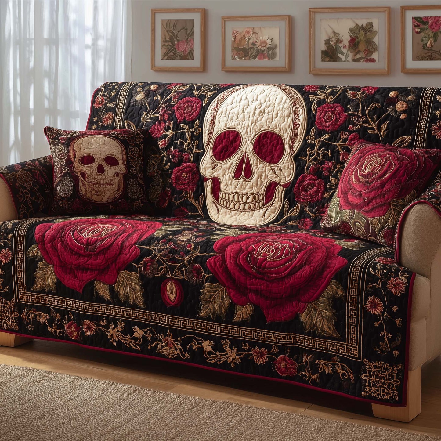 Rose Skull Quilted Sofa Cover GFTOQM2207