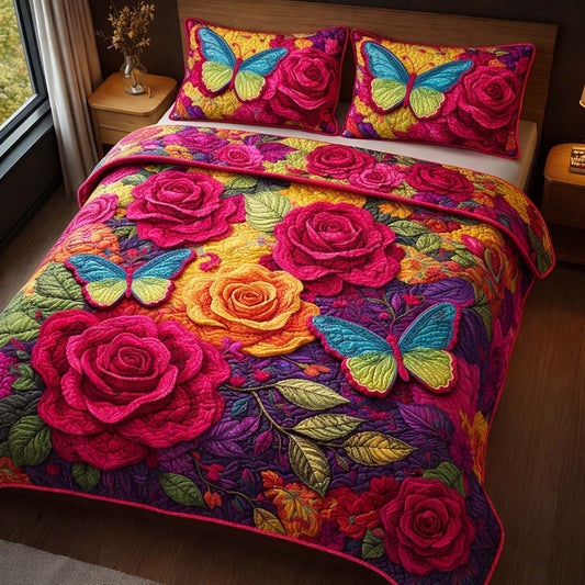 Butterfly Roses 3-Piece Quilted Bedding Set GFTOQM2332