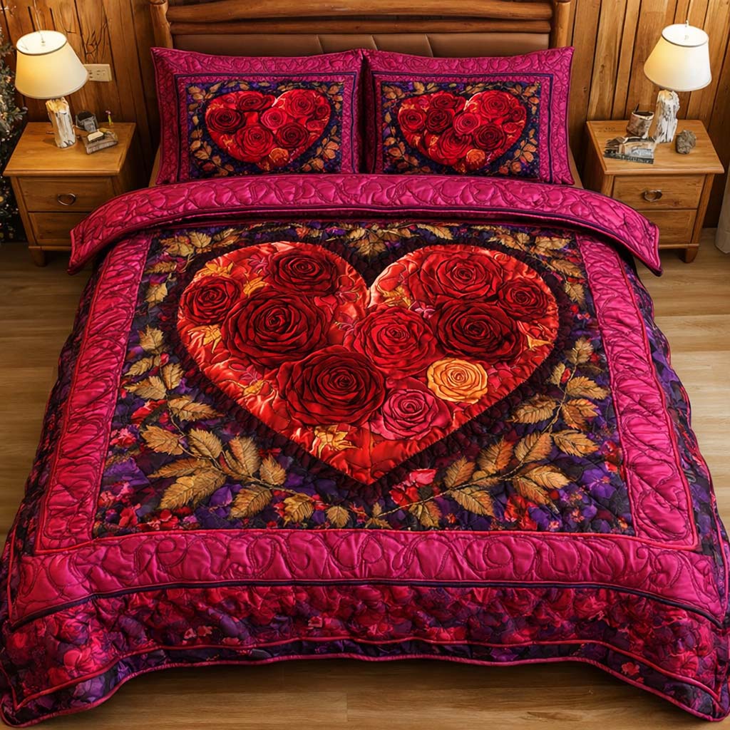 Rose Heart 3-Piece Quilted Bedding Set GFTOQM2335