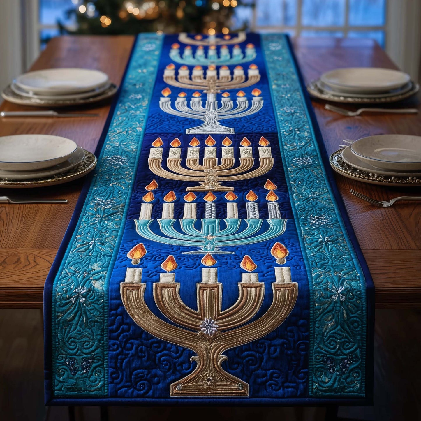 Golden Menorah Quilted Table Runner GFTOQM2528
