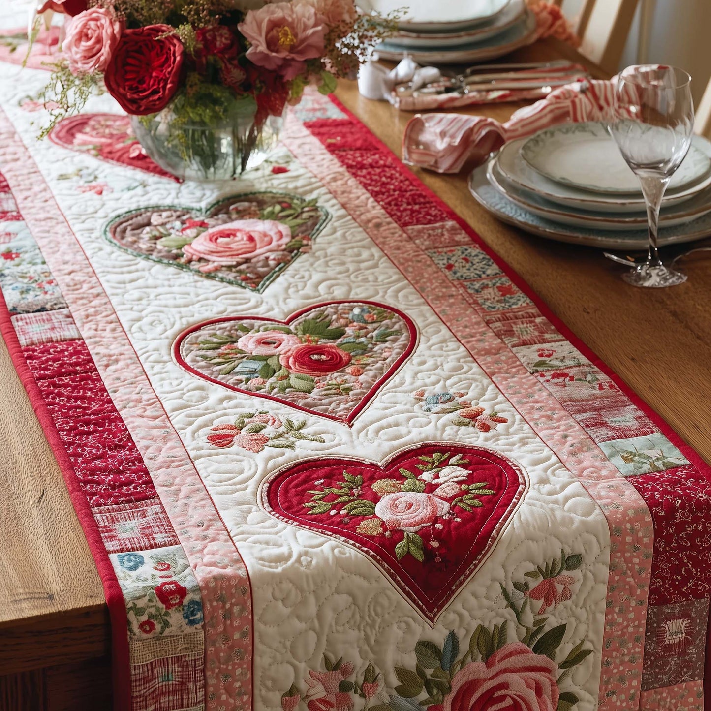 Floral Hearts Quilted Table Runner GFTOQM2590
