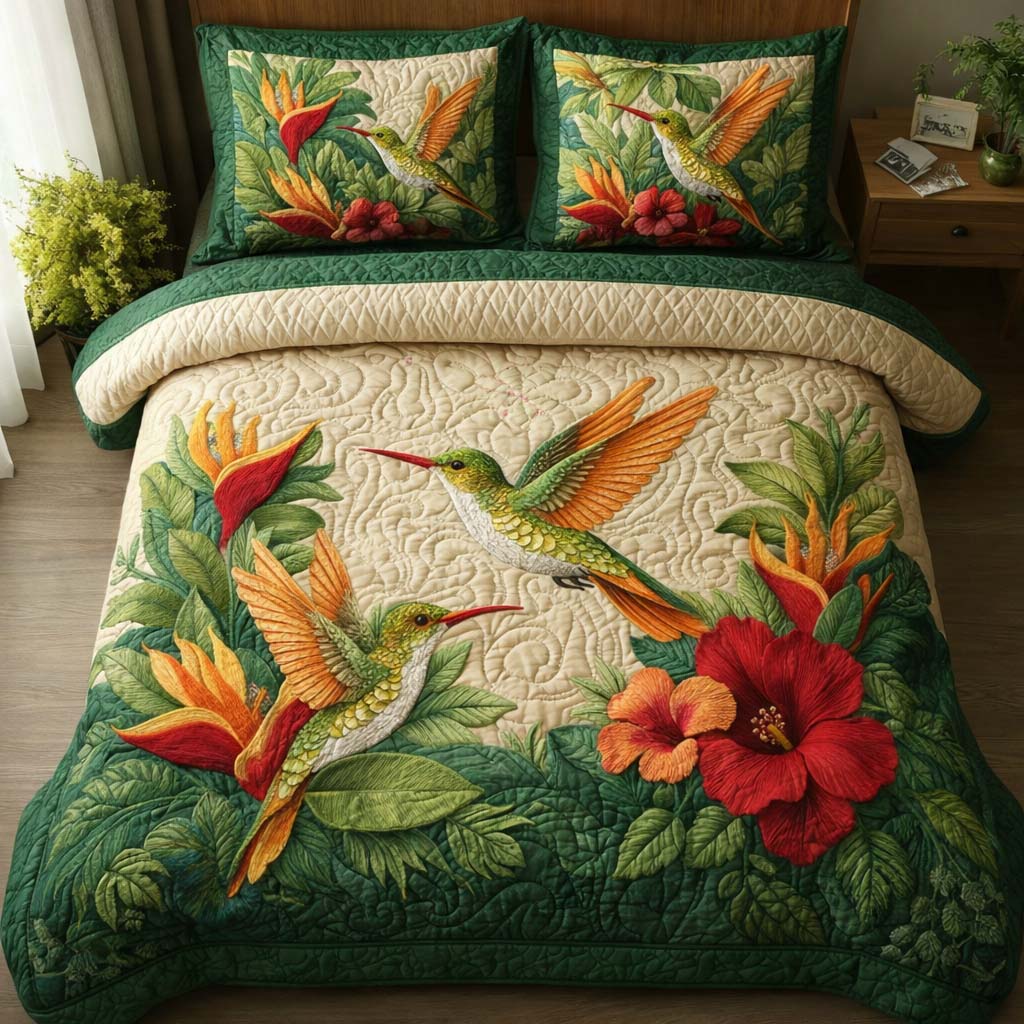 Emerald Hibiscus 3-Piece Quilted Bedding Set GFTOQM2623