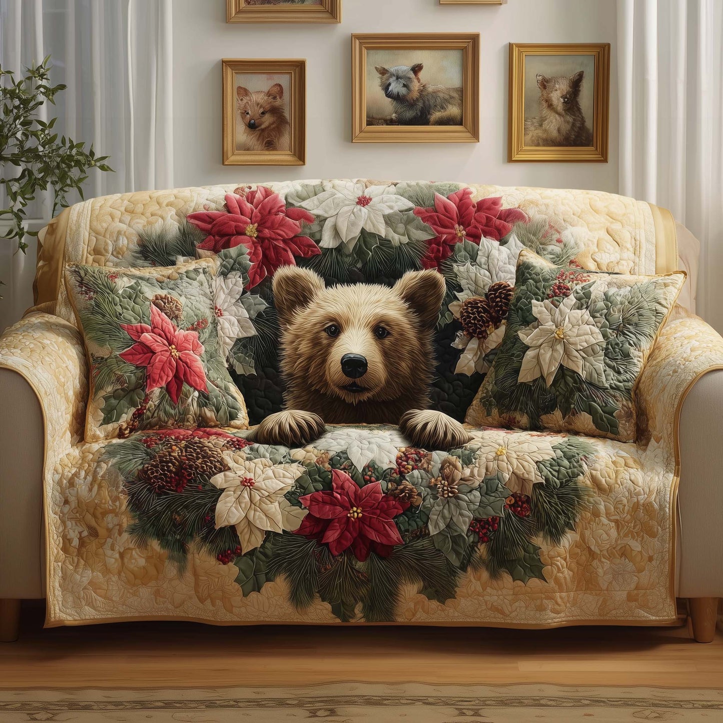 Poinsettia Bear Quilted Sofa Cover GFTOQM262