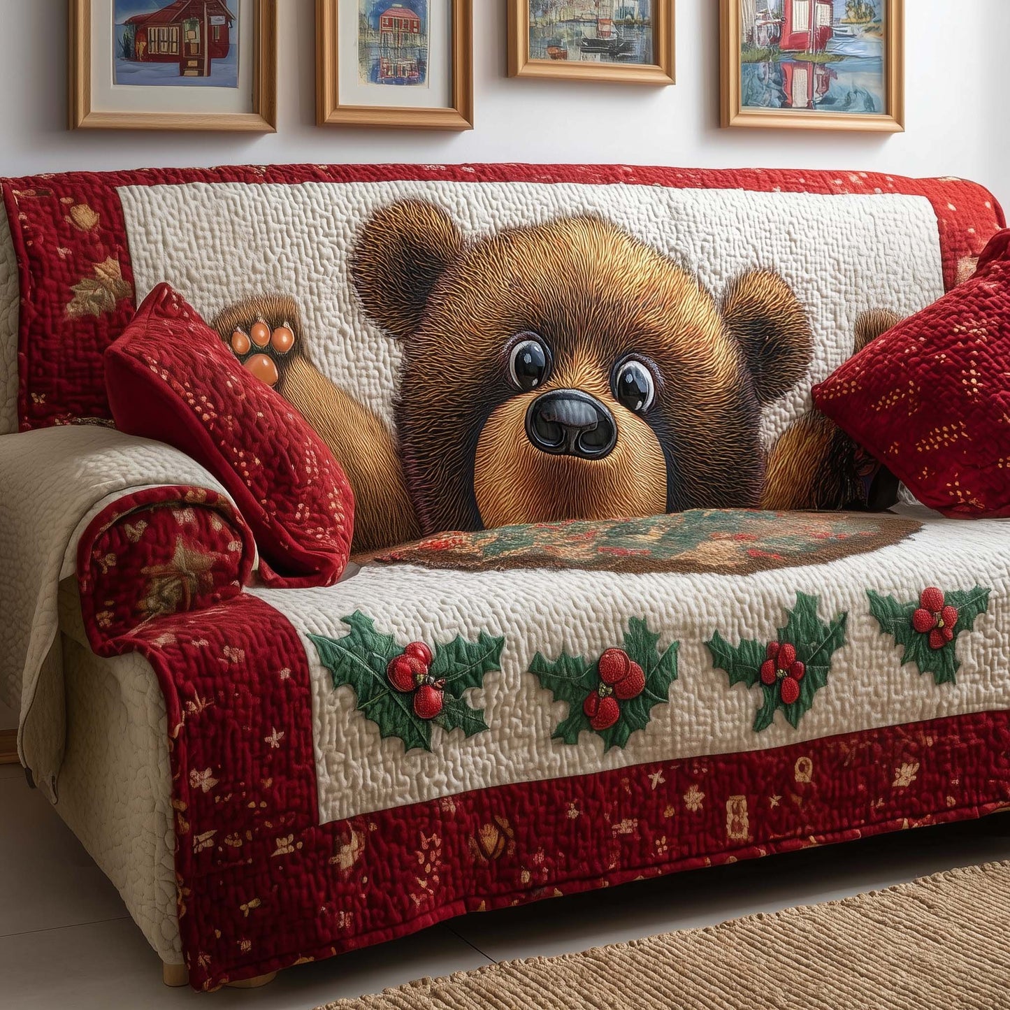 Peeking Teddy Quilted Sofa Cover GFTOQM270