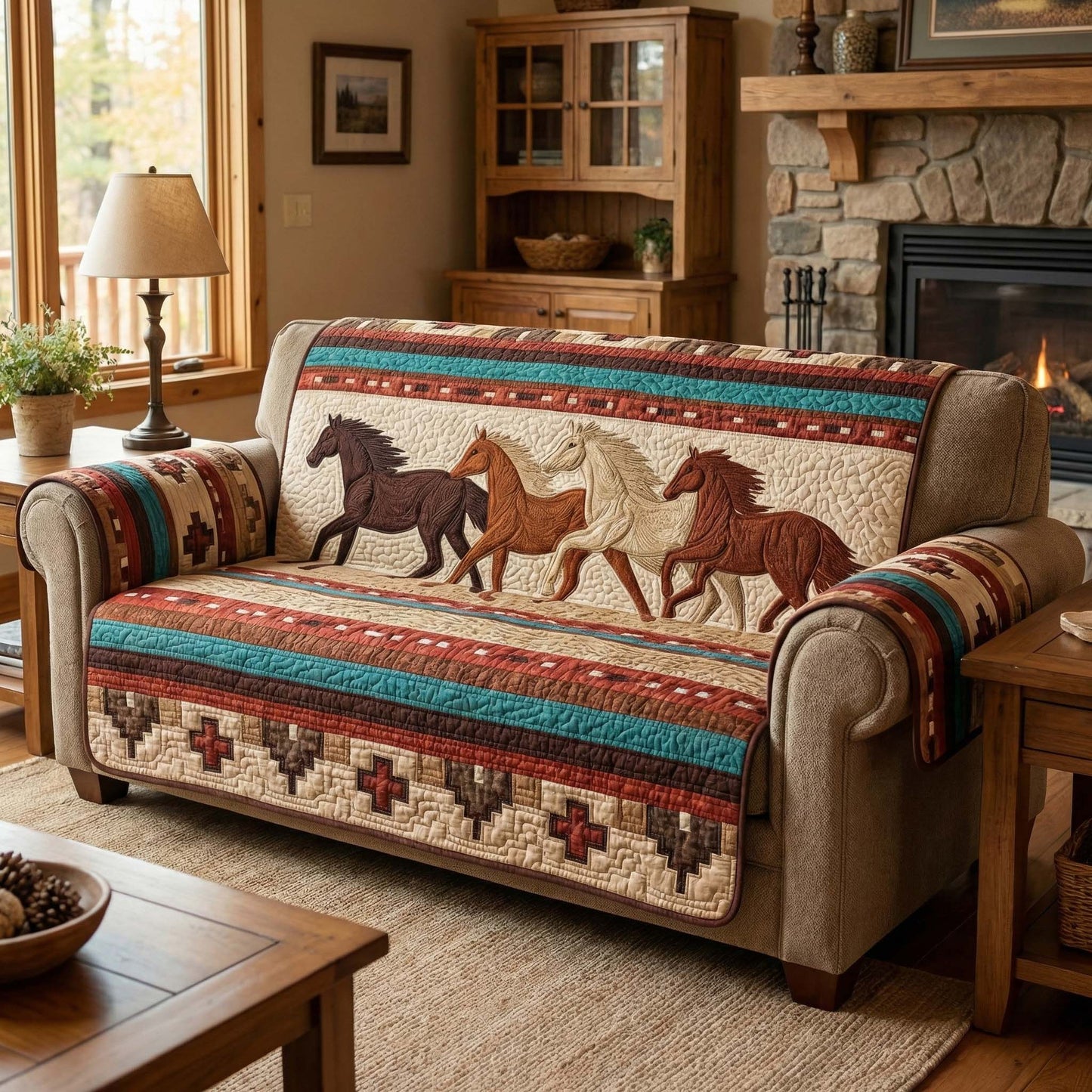 Frontier Horses Quilted Sofa Cover GFTOQM2799