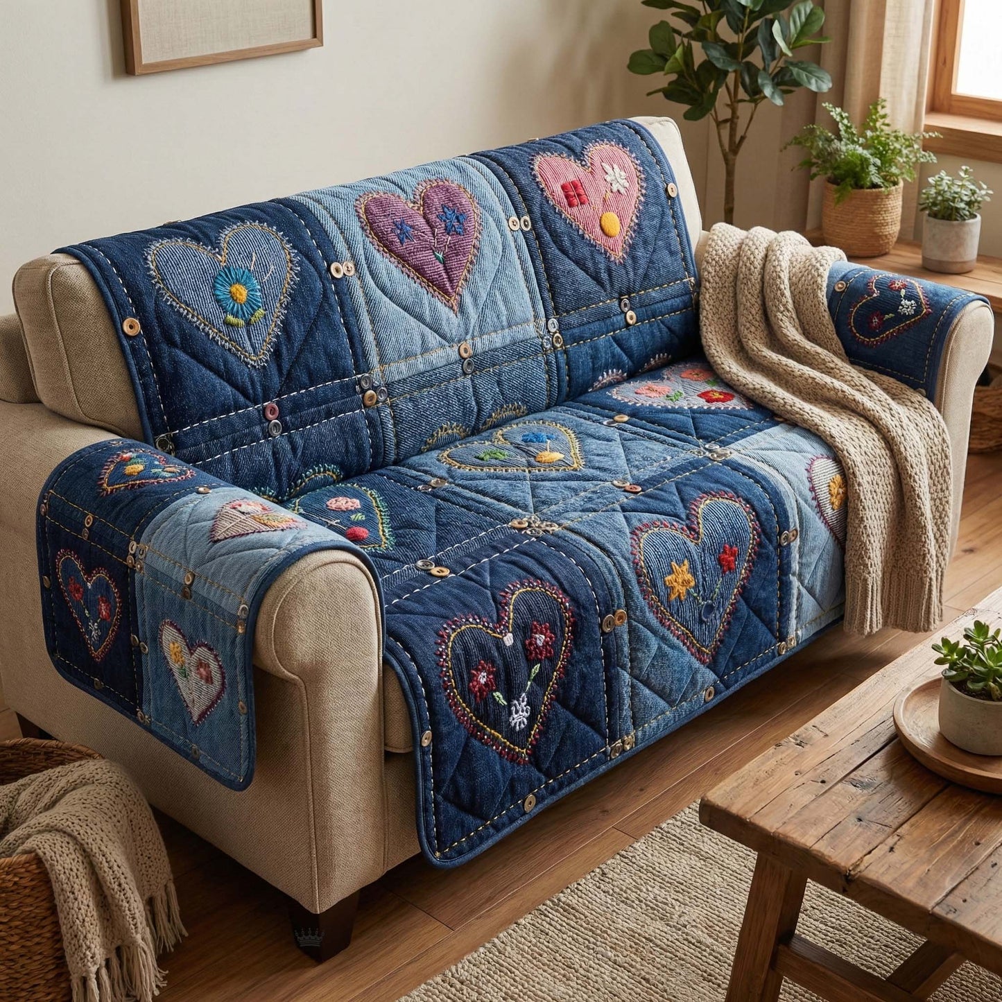 Denim Hearts Quilted Sofa Cover GFTOQM2868