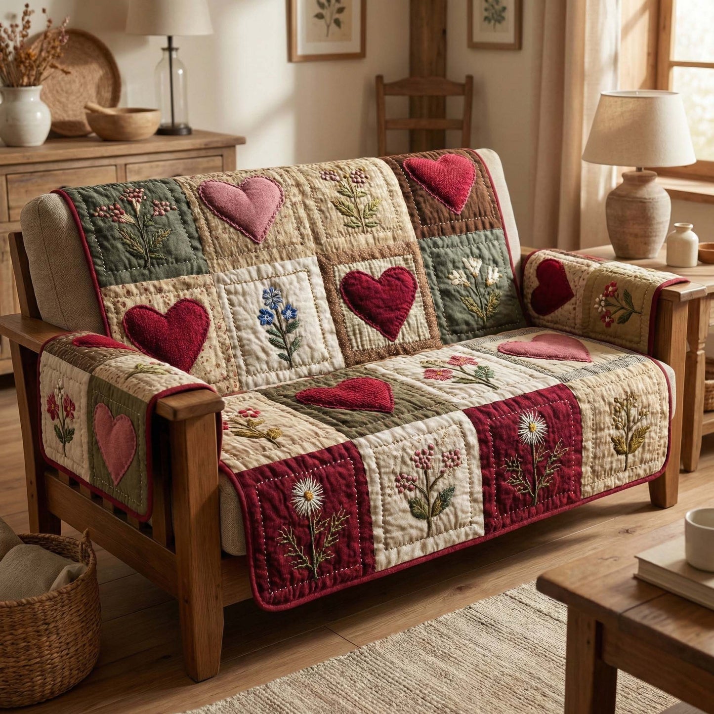 Rustic Hearts Quilted Sofa Cover GFTOQM2870