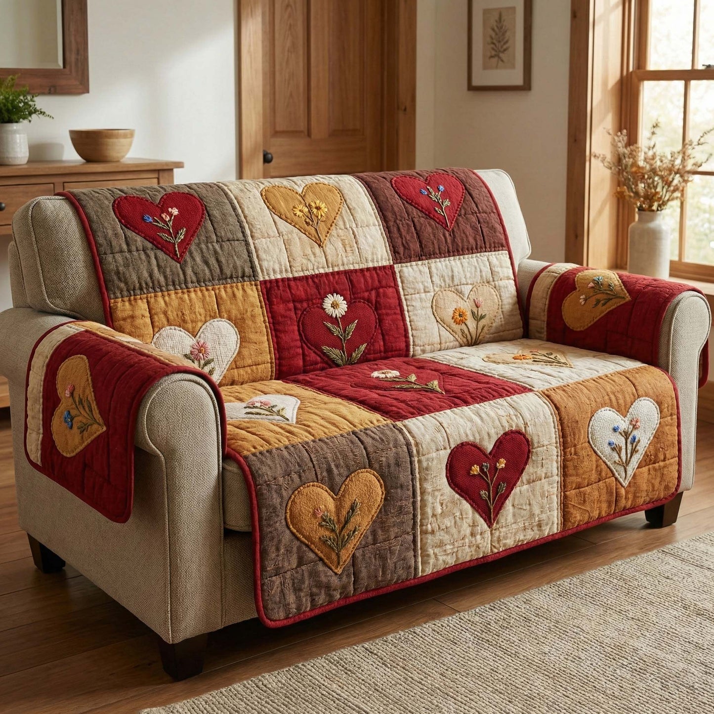 Autumn Hearts Quilted Sofa Cover GFTOQM2871