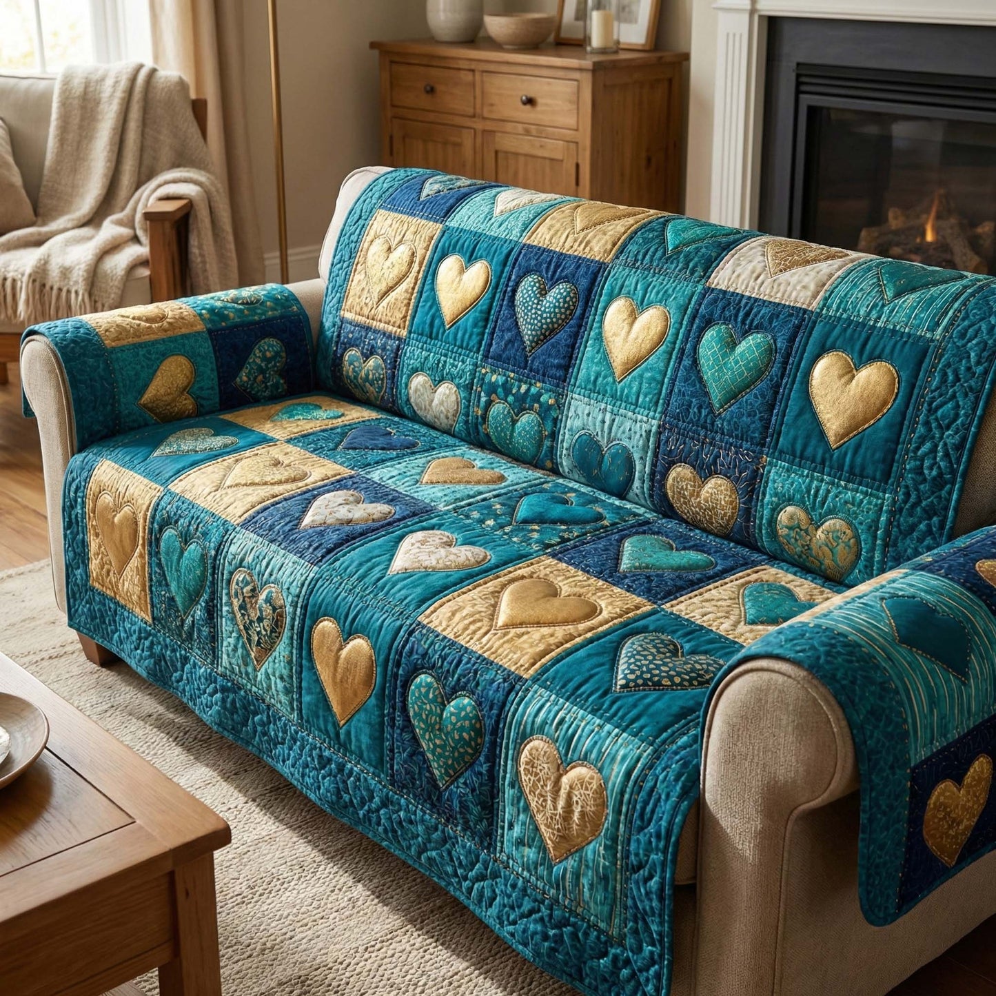 Teal Hearts Quilted Sofa Cover GFTOQM2872