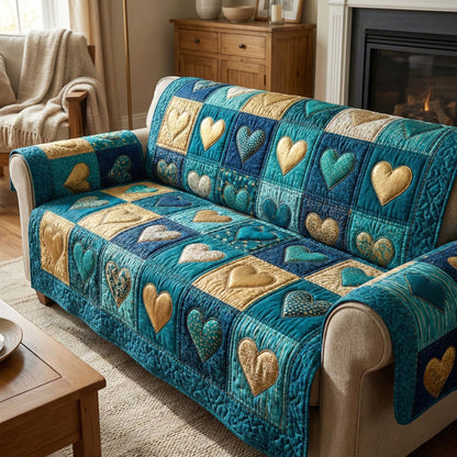 Teal Hearts Quilted Sofa Cover GFTOQM2872