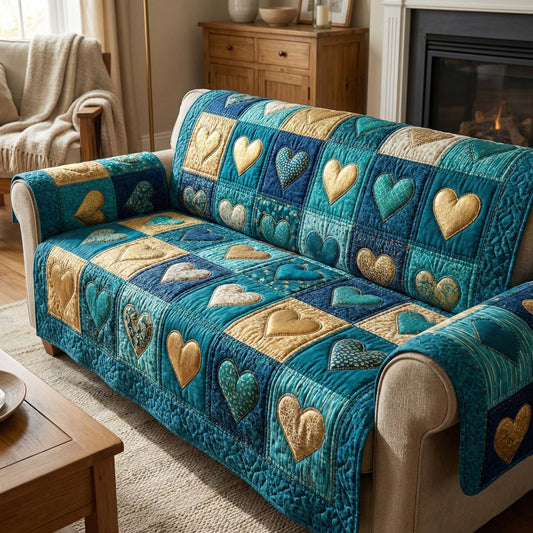 Teal Hearts Quilted Sofa Cover GFTOQM2872