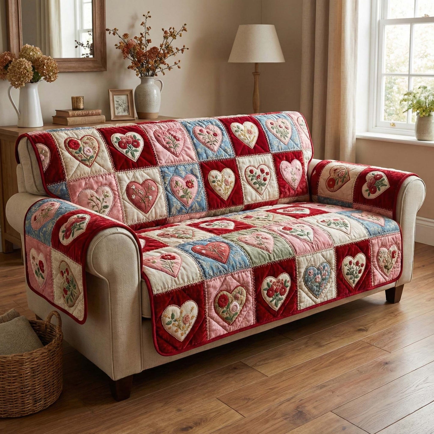 Rose Hearts Quilted Sofa Cover GFTOQM2873