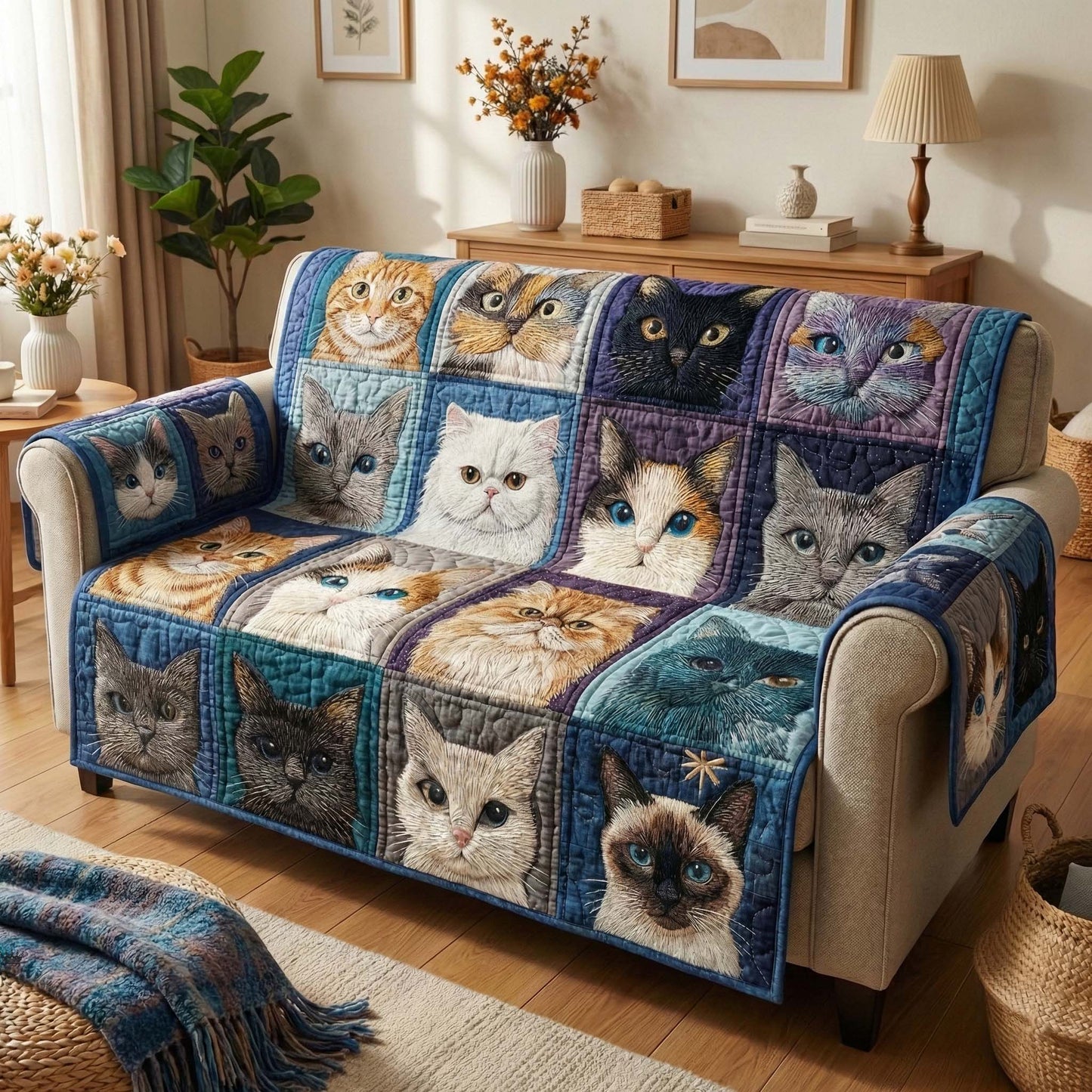 Blue Whiskers Quilted Sofa Cover GFTOQM2922