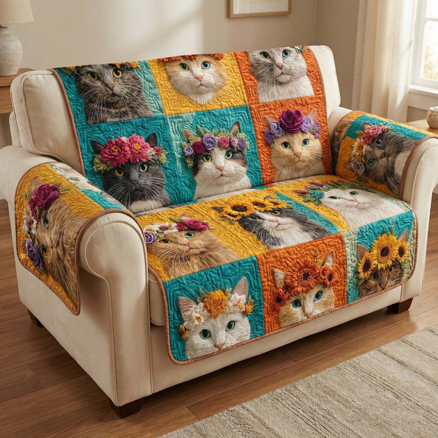 Floral Kittens Quilted Sofa Cover GFTOQM2923