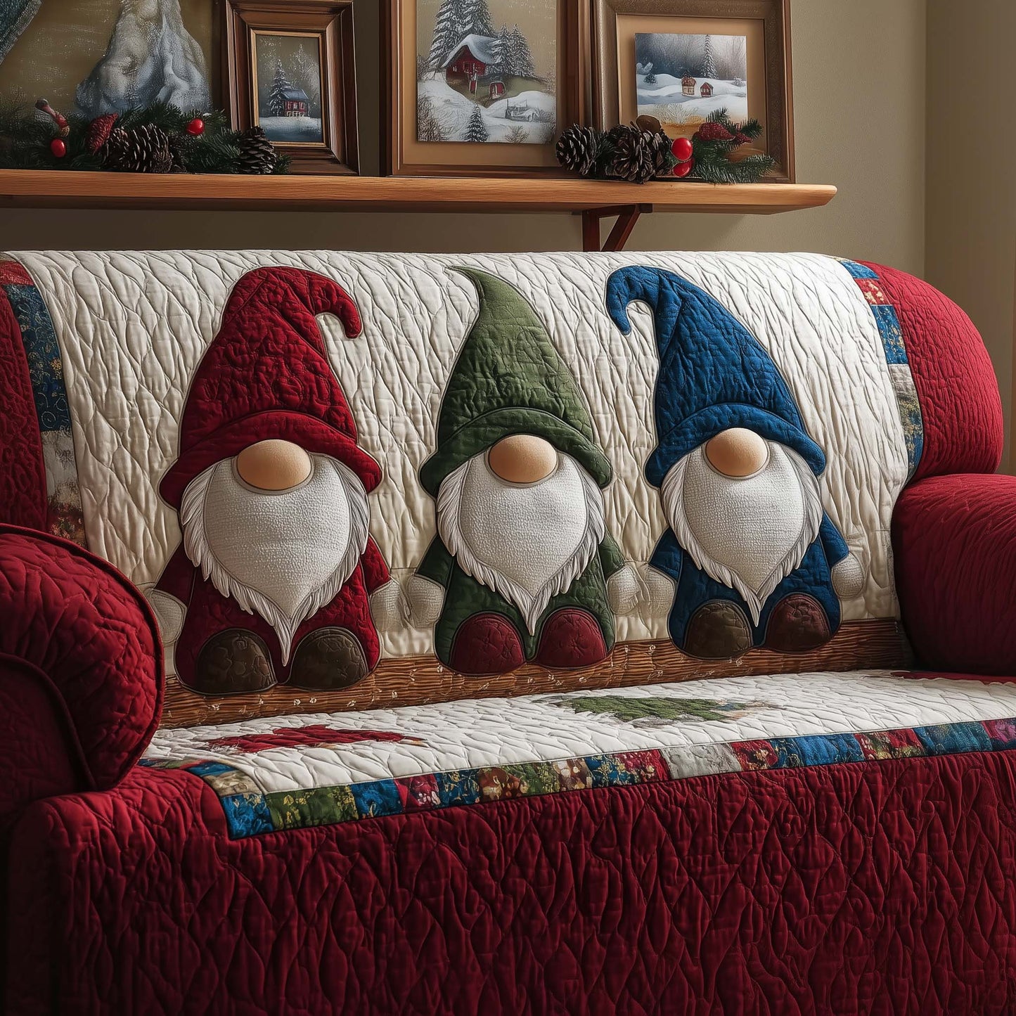 Gnome Trio Quilted Sofa Cover GFTOQM294