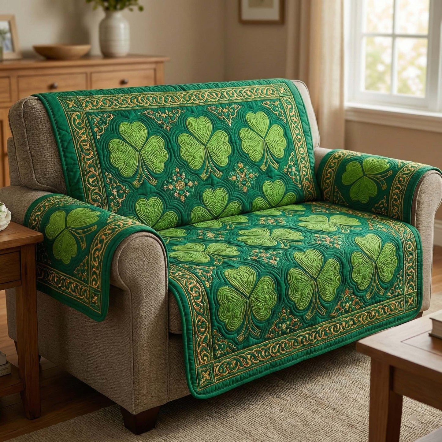 Emerald Hearts Quilted Sofa Cover GFTOQM2957