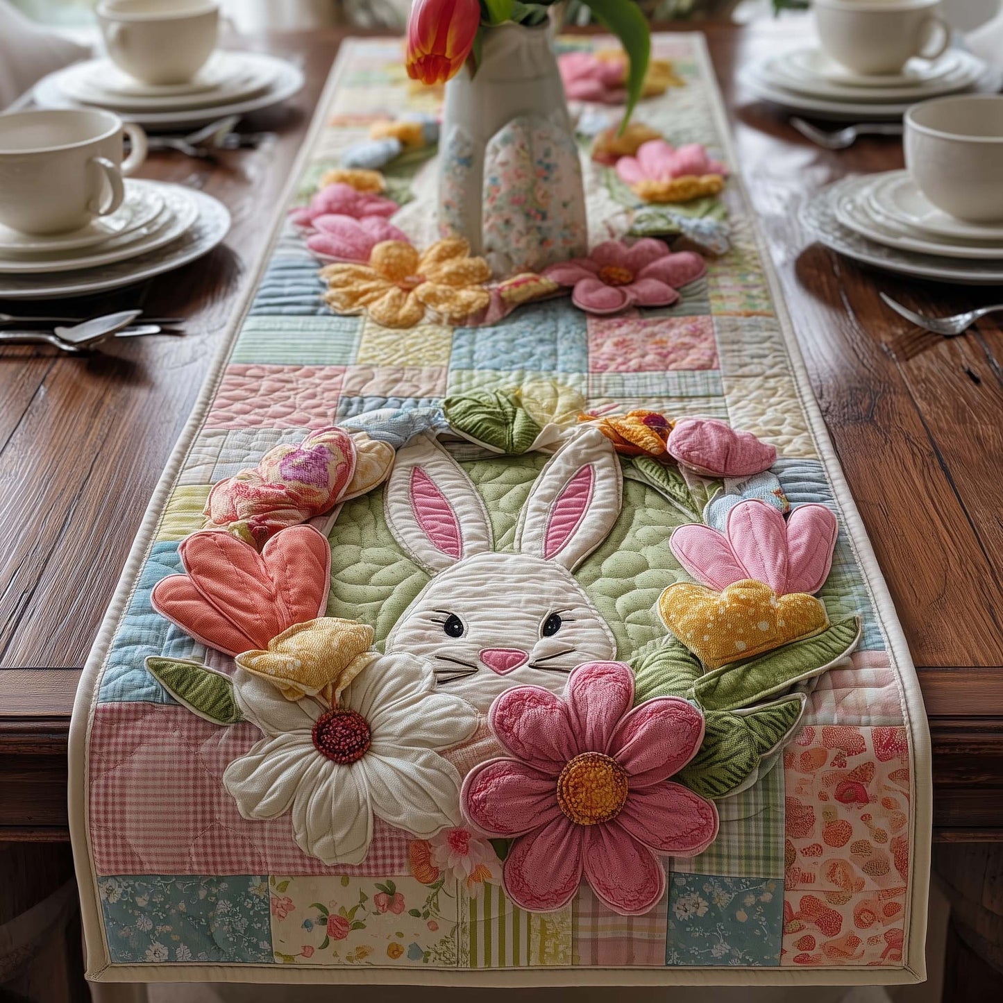 Floral Bunny Quilted Table Runner GFTOQM3007