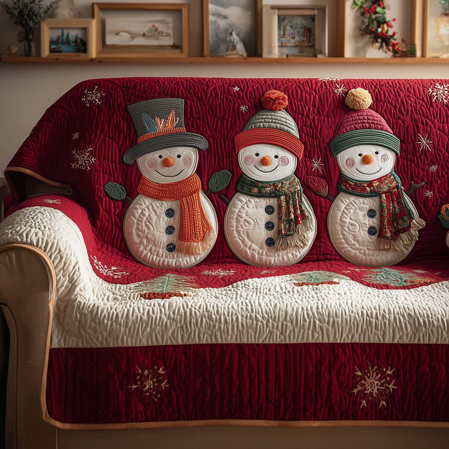 Snowman Trio Quilted Sofa Cover GFTOQM301