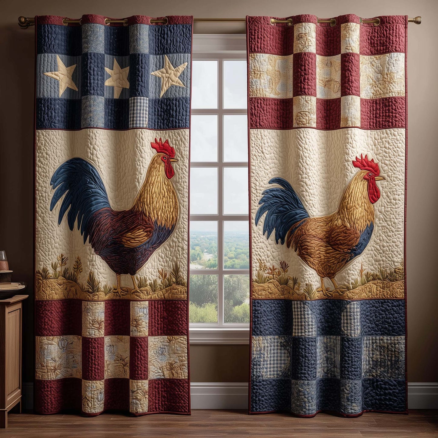 Rustic Rooster Quilted Curtains GFTOQM3021