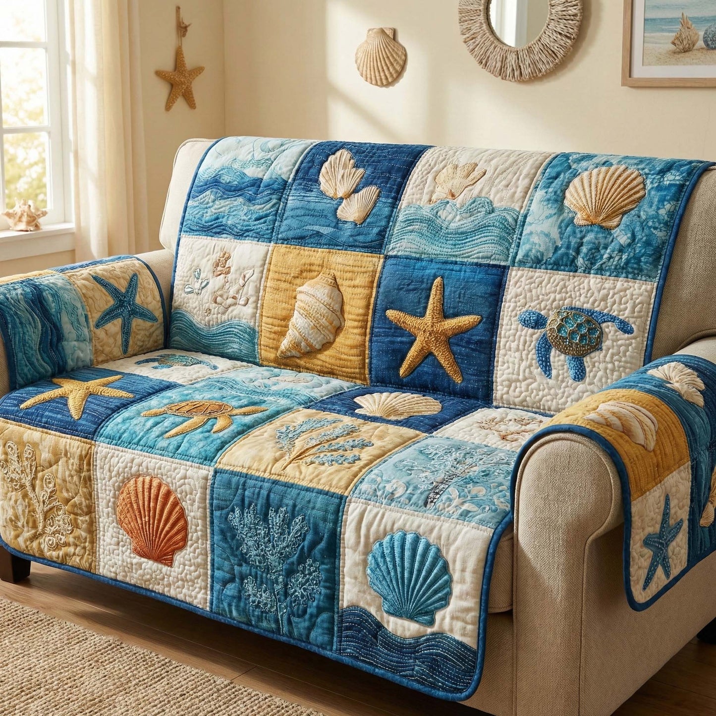 Ocean Blocks Quilted Sofa Cover GFTOQM3027