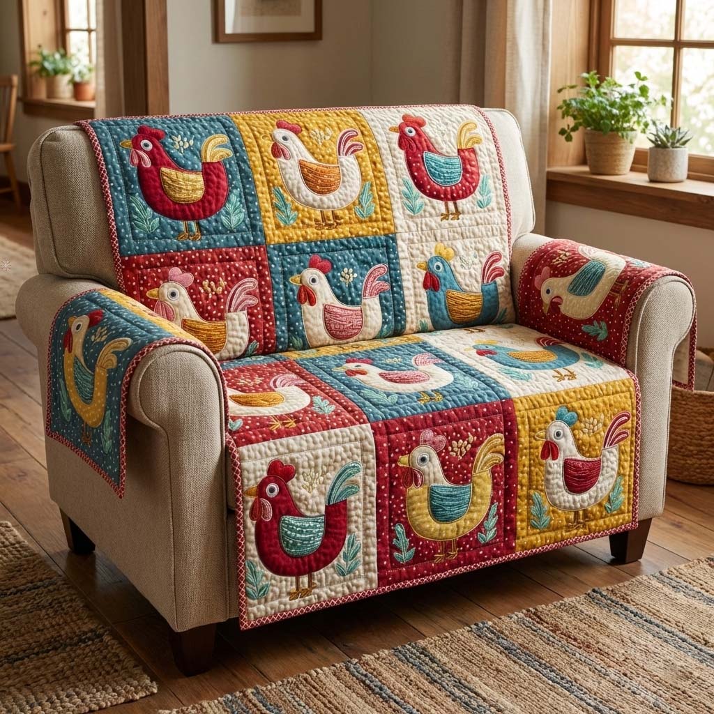 Folk Chickens Quilted Sofa Cover GFTOQM3050