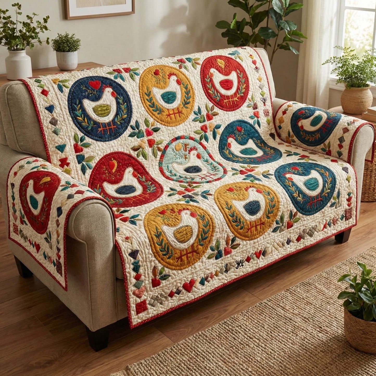 Hen Garden Quilted Sofa Cover GFTOQM3054