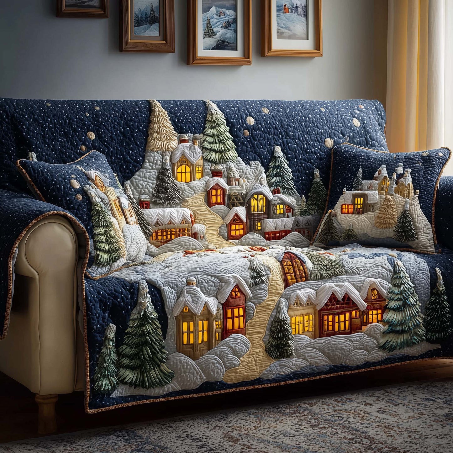 Winter Village Quilted Sofa Cover GFTOQM314