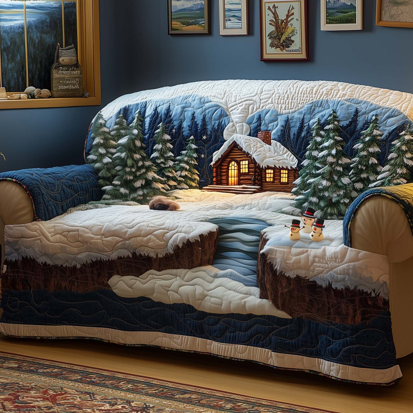 Cabin Snowmen Quilted Sofa Cover GFTOQM315