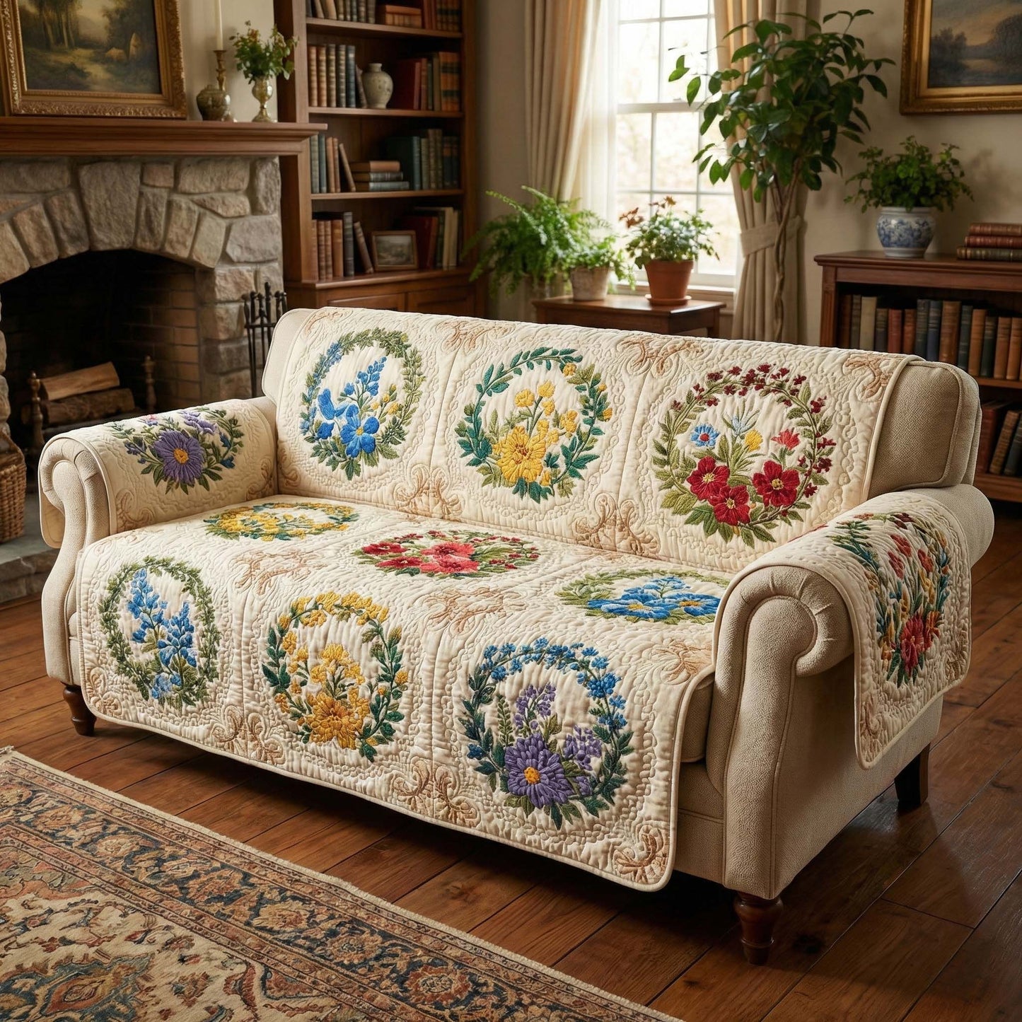 Vintage Wreath Bloom Quilted Sofa Cover GFTOQM3174