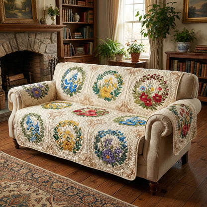 Vintage Wreath Bloom Quilted Sofa Cover GFTOQM3174