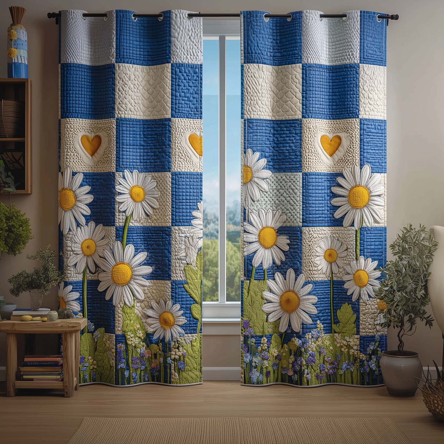 Blue Gingham Daisies Quilted Curtains GFTOQM3198