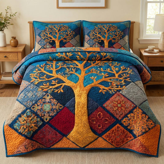 Golden Mosaic Tree 3-Piece Quilted Bedding Set GFTOQM3211