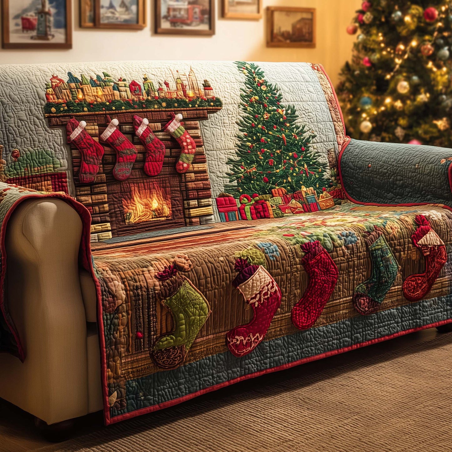 Cozy Fireplace Quilted Sofa Cover GFTOQM324