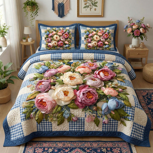 Peony Gingham 3-Piece Quilted Bedding Set GFTOQM3384