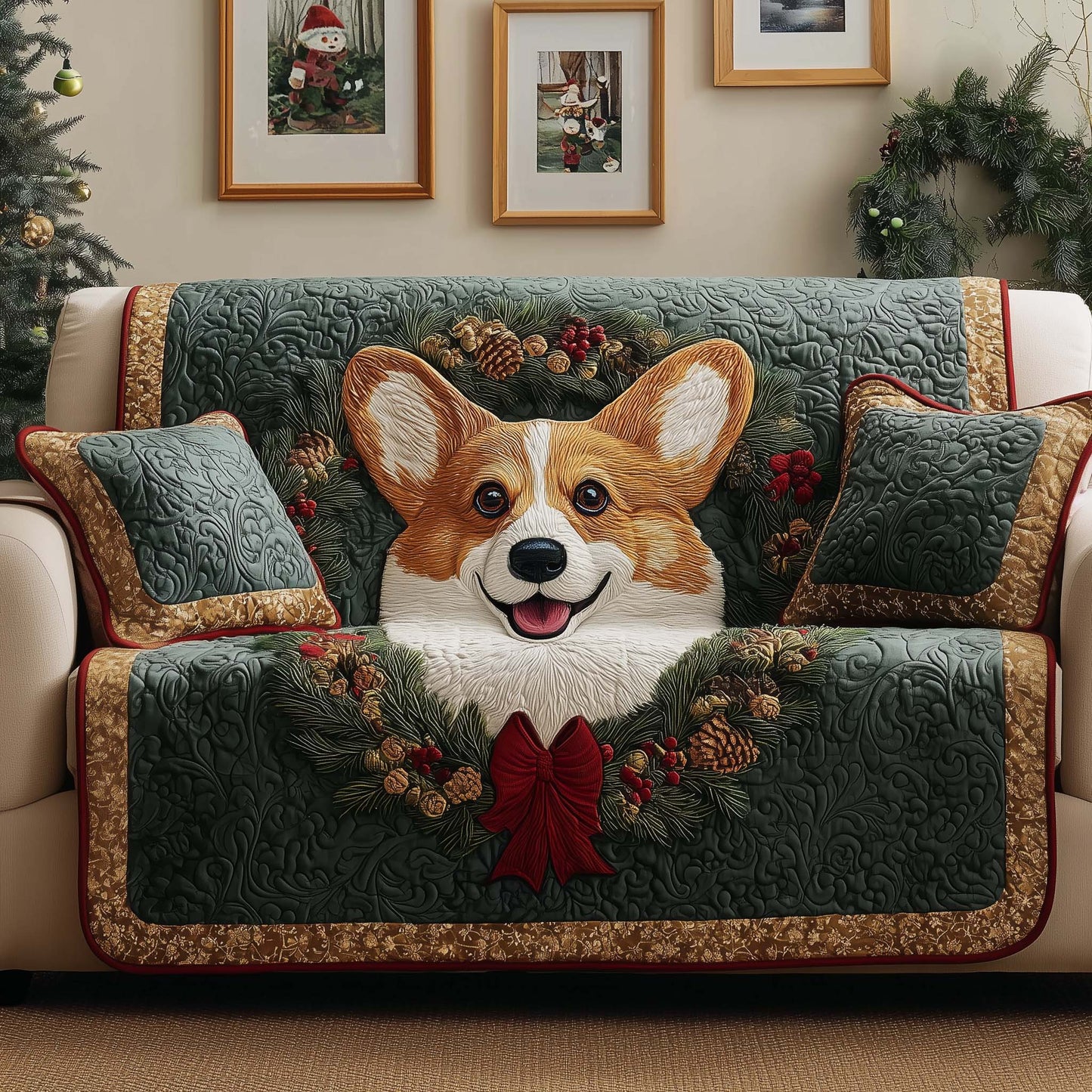 Corgi Wreath Quilted Sofa Cover GFTOQM346
