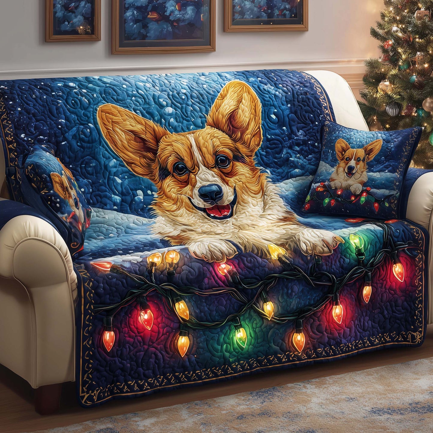 Corgi Lights Quilted Sofa Cover GFTOQM347