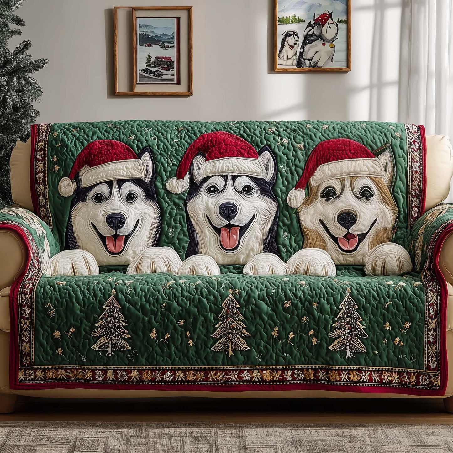 Peeking Huskies Quilted Sofa Cover GFTOQM357