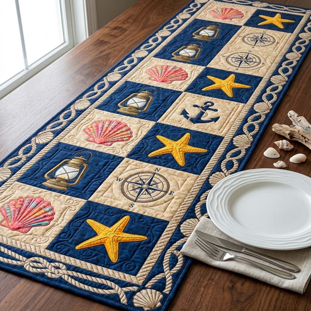 Nautical Compass Quilted Table Runner GFTOQM3800