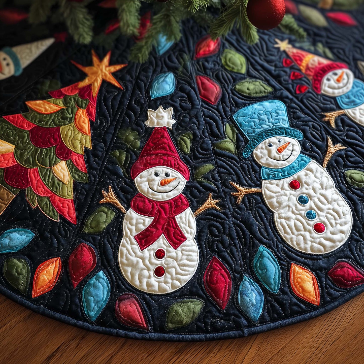 Colorful Snowmen Quilted Tree Skirt GFTOQM395