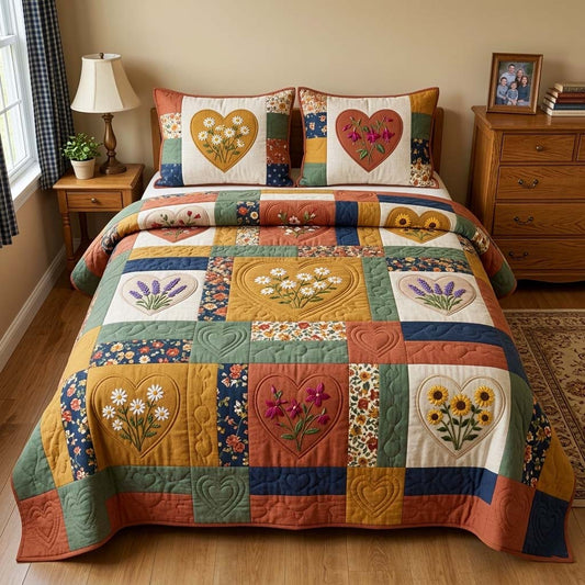 Flower Patchwork 3-Piece Quilted Bedding Set GFTOQM4109