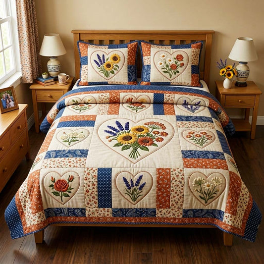 Flower Patchwork 3-Piece Quilted Bedding Set GFTOQM4110