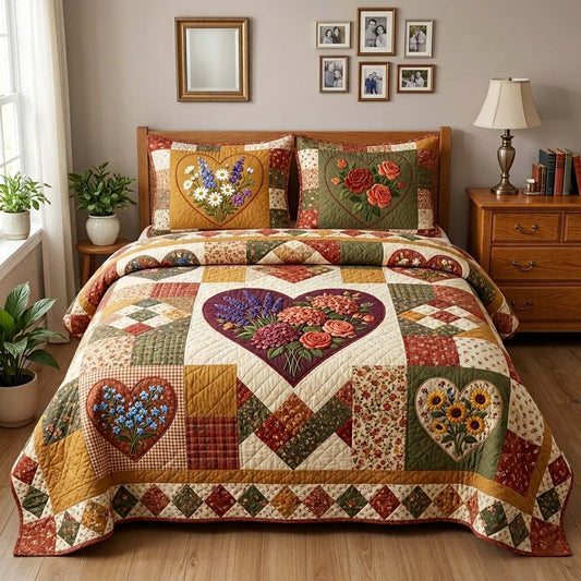 Flower Patchwork 3-Piece Quilted Bedding Set GFTOQM4112