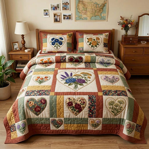 Flower Patchwork 3-Piece Quilted Bedding Set GFTOQM4113