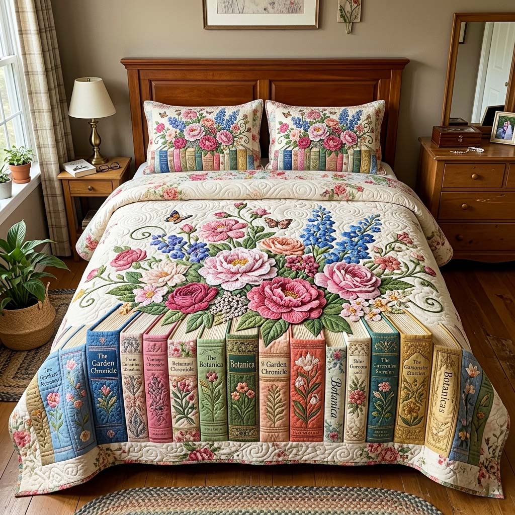 Botanic Books 3-Piece Quilted Bedding Set GFTOQM4267