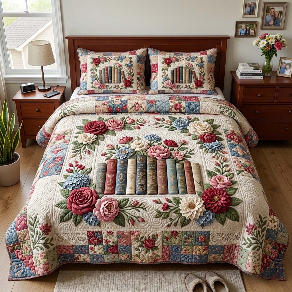 Rose Library 3-Piece Quilted Bedding Set GFTOQM4269