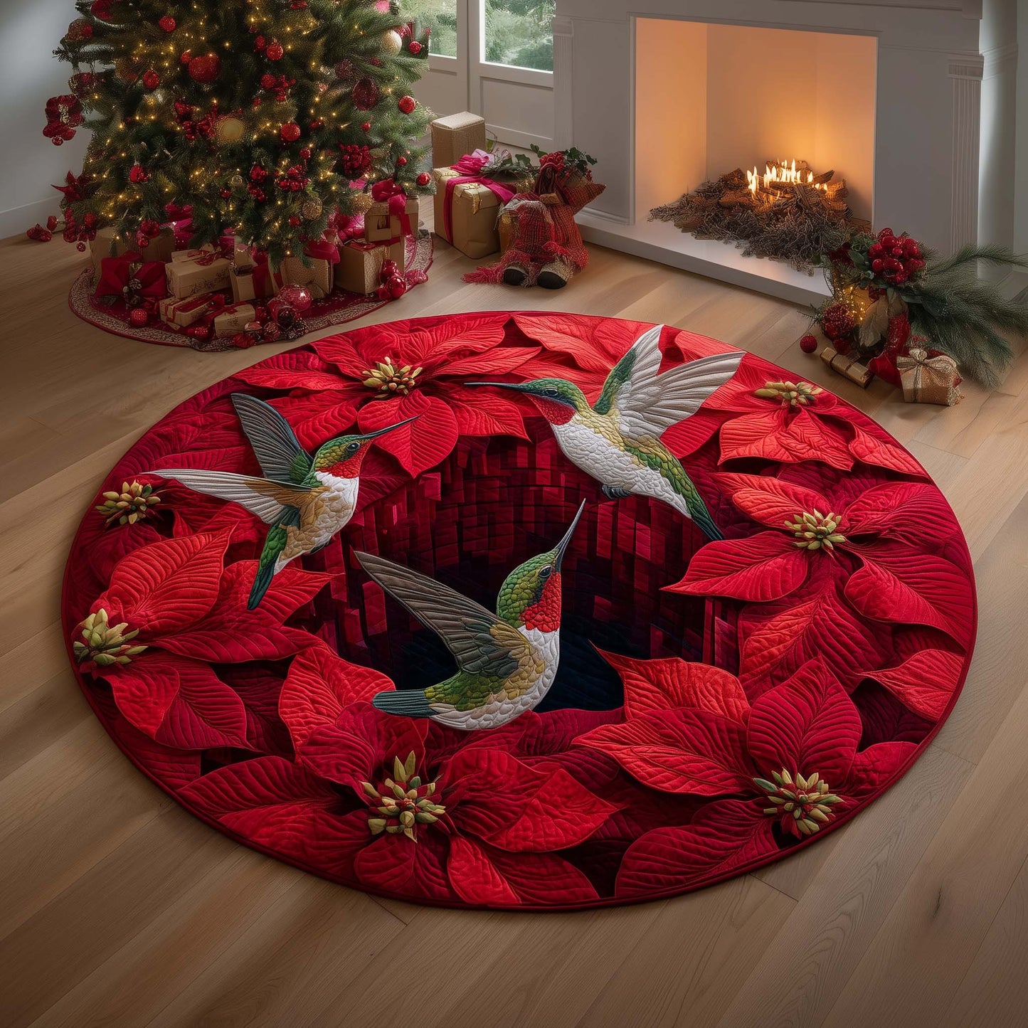 Poinsettia Birds Quilted Round Mat GFTOQM546