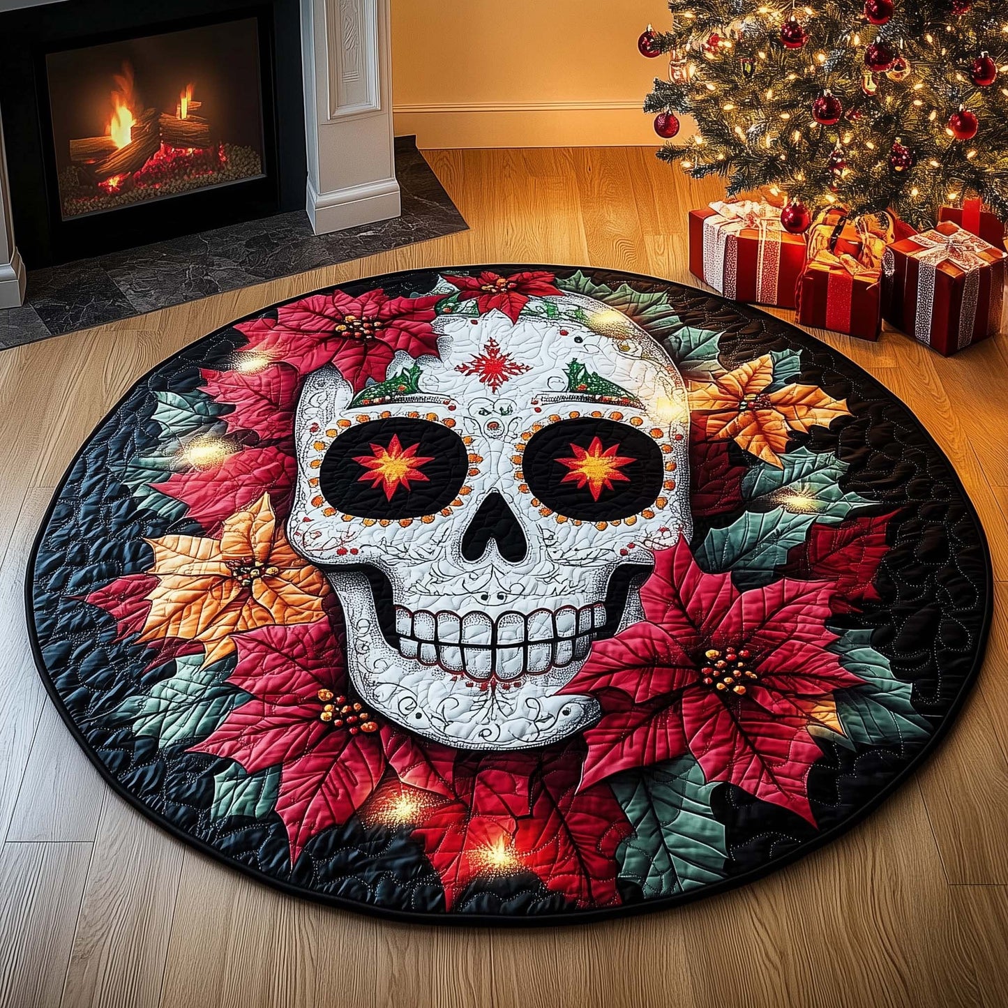 Poinsettia Skull Quilted Round Mat GFTOQM589